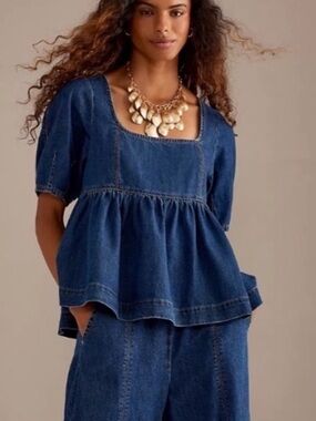 Denim Peplum Square-Neck Blouse - Blue